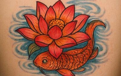 Dive into lotus with koi fish tattoo – a serene fusion of water and bloom